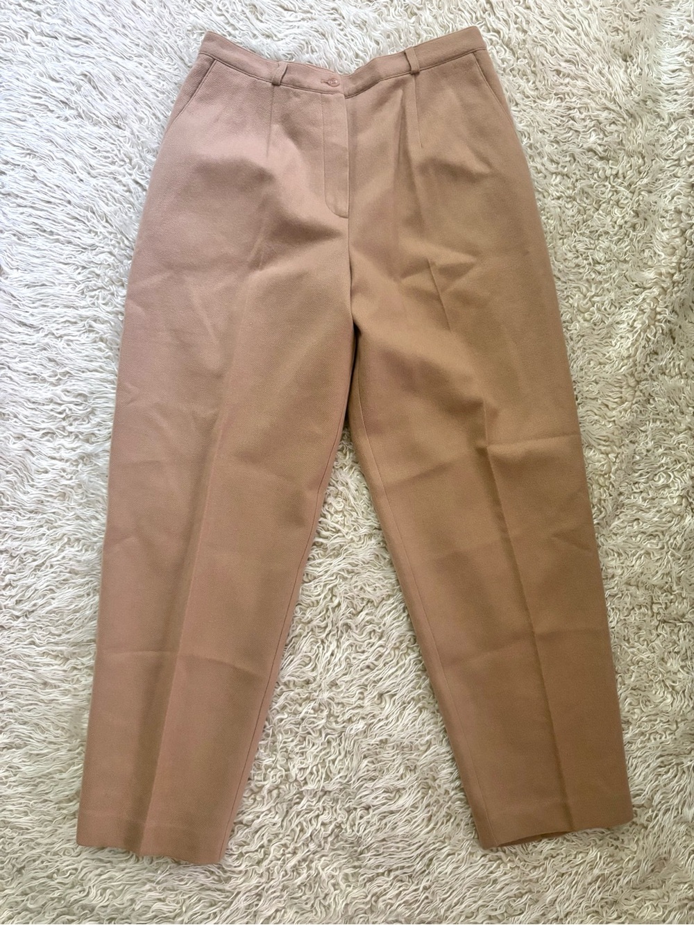 Vintage Wool Pants Women’s 12 Petite Tan High-Waist Trousers Straight Leg